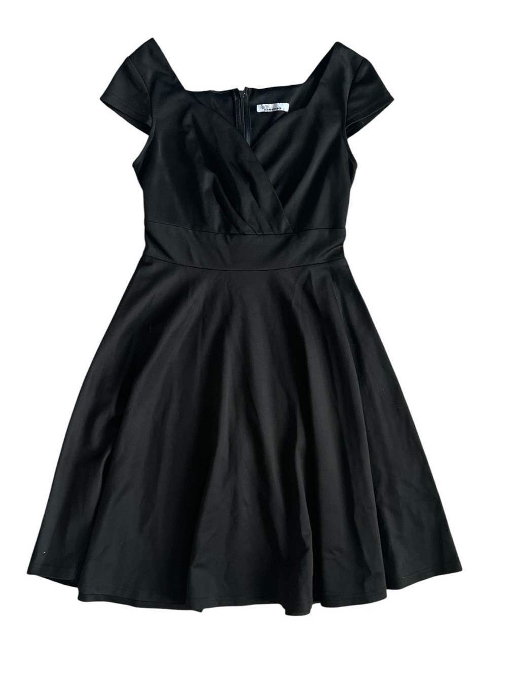 Classic Black Midi Fit-and-Flare Dress with Cap Sleeves Size Small